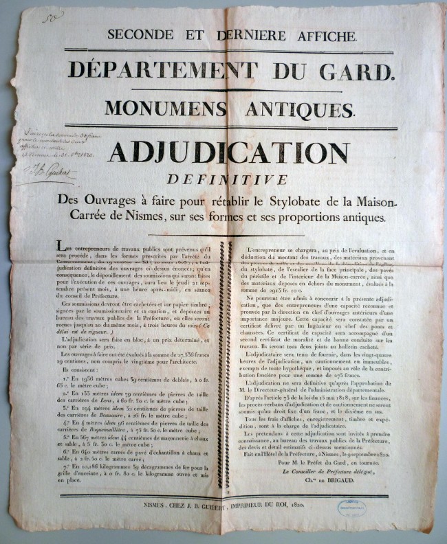 Adjudication définitive des ouvrages à faire pour rétablir le stylobate de la Maison-Carrée