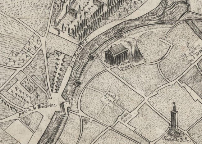 Plan de Nîmes (détail) : vue de la Maison Carrée