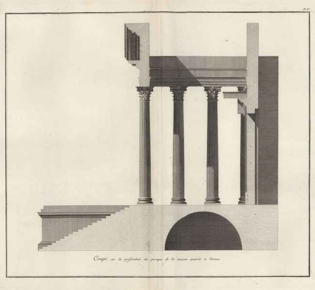 Coupe sur la profondeur du portique de la maison quarrée à Nismes