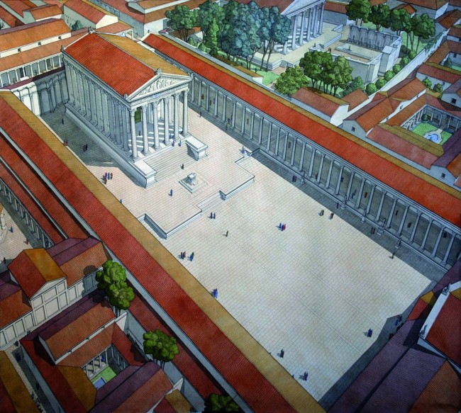 Reconstitution de la Maison Carrée dans son contexte antique