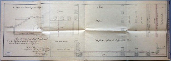 Plan et coupes de la plate-forme extérieure, du péristyle et du perron